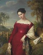 Eduard Friedrich Leybold Portrait of a young lady in a red dress with a paisley shawl oil on canvas